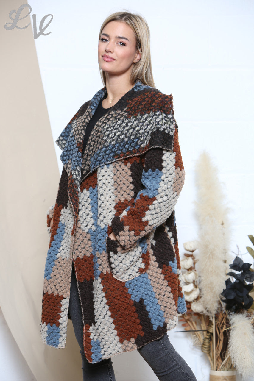 Dames Jas met Watervalhals en Patchworkprint Bruin