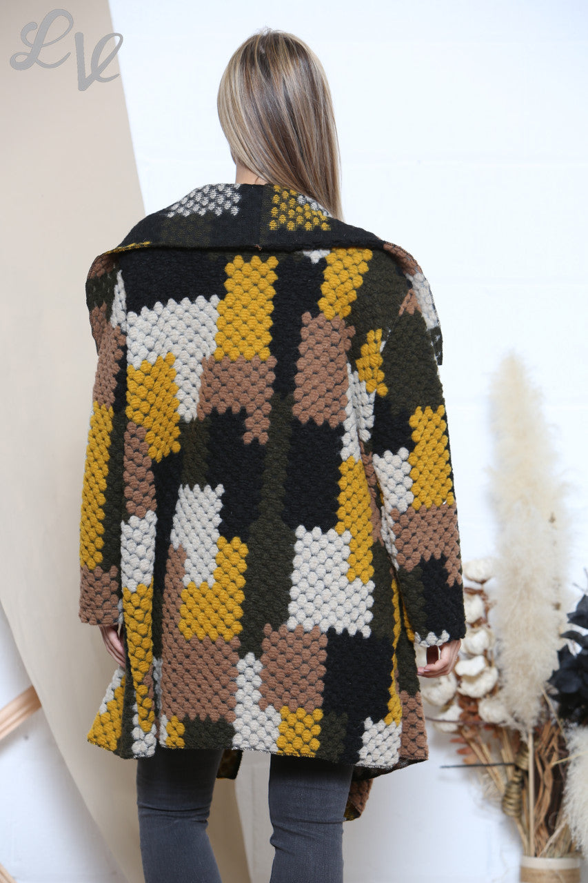 Ladies Patchwork Print Waterfall Coat Mustard