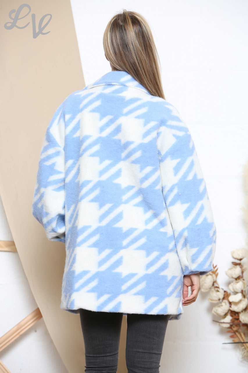 Ladies Hounds tooth Printed Boiled Wool Short Coat Light Blue