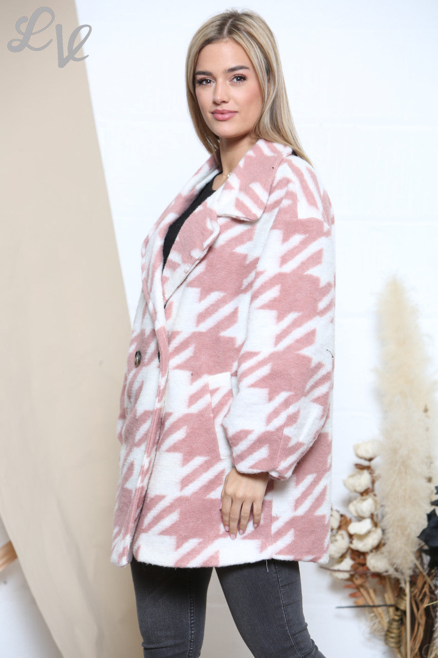 Ladies Hounds tooth Printed Boiled Wool Short Coat Dusty Pink
