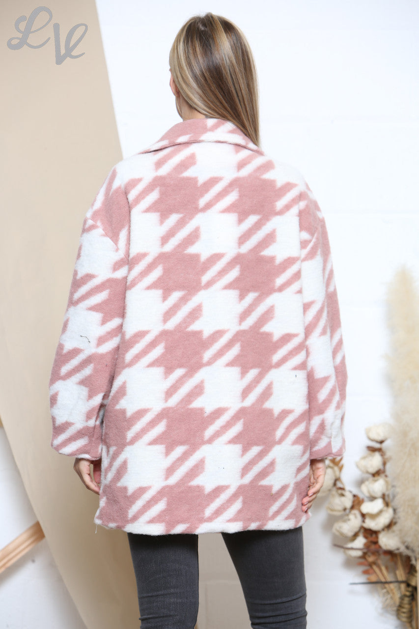 Ladies Hounds tooth Printed Boiled Wool Short Coat Dusty Pink