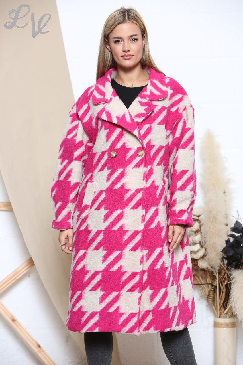 Dames Gekookt Wollen Jas met Pied-de-pouleprint Cerise