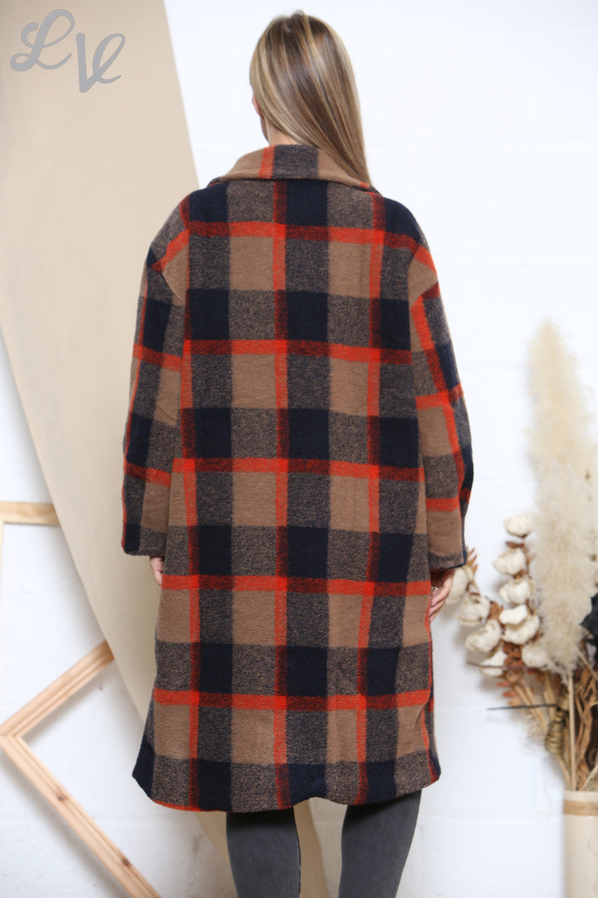 Ladies Check Printed Boiled Wool Coat Brown