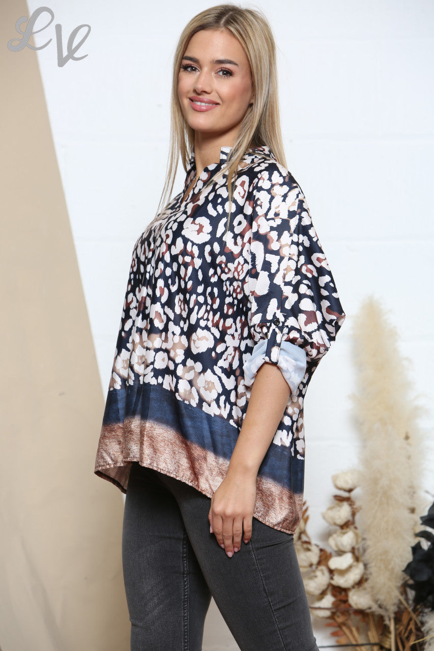 Damesblouse met Luipaardprint en Rand Marine