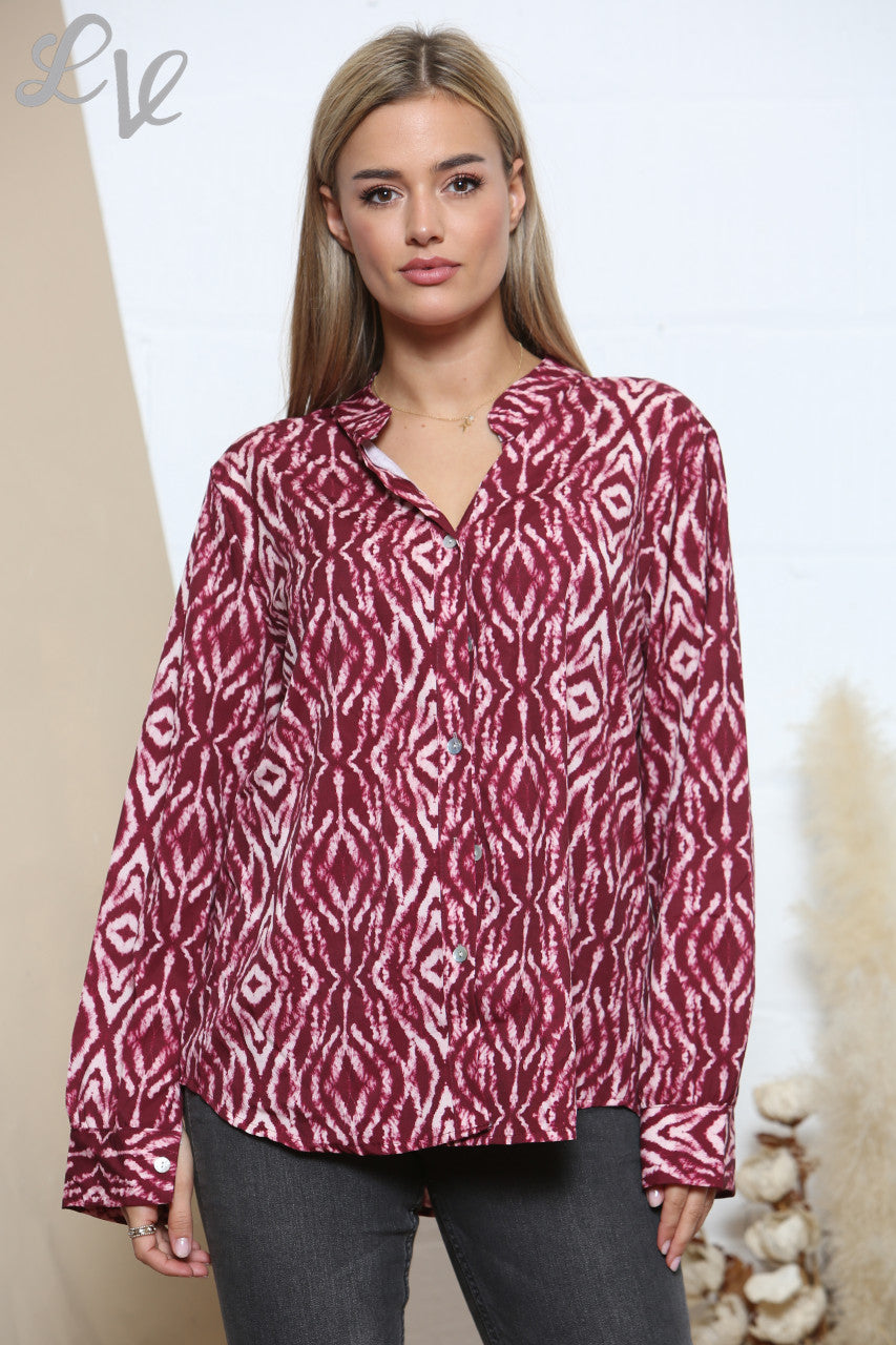 Ladies Diamond Print Shirt Burgundy