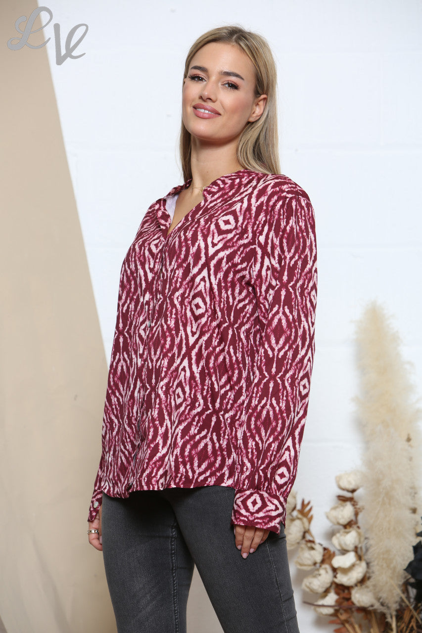 Ladies Diamond Print Shirt Burgundy