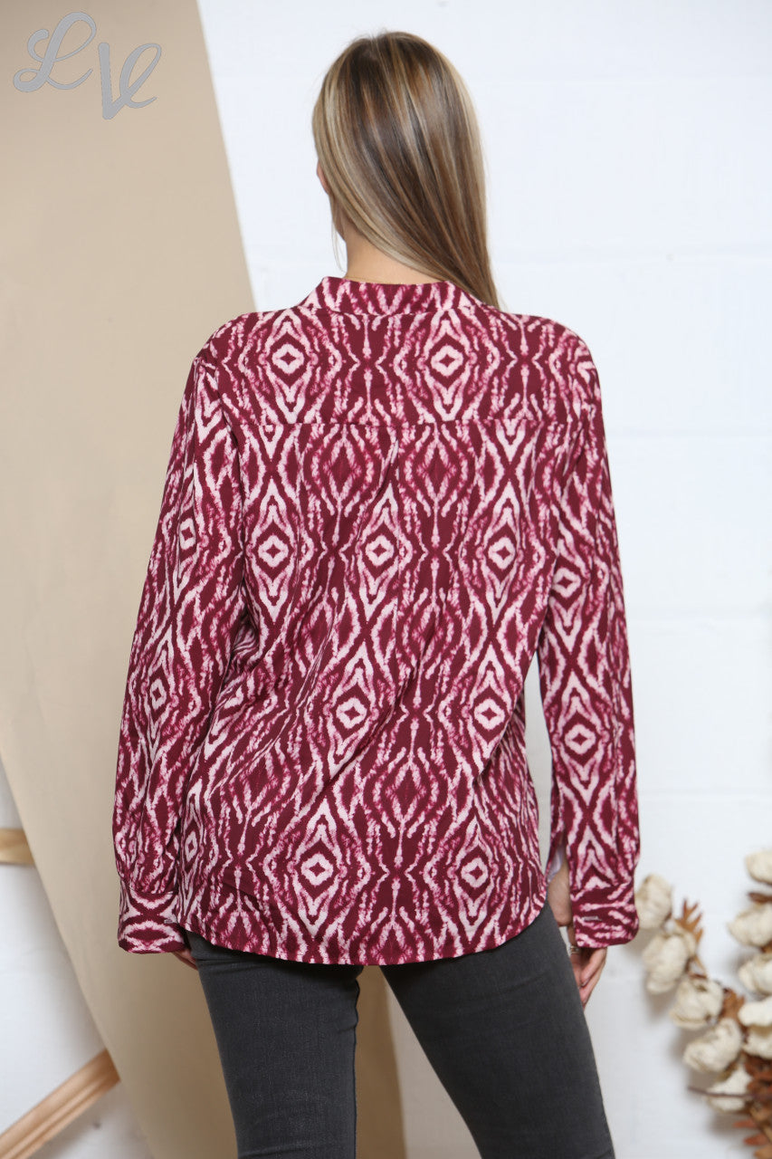 Ladies Diamond Print Shirt Burgundy