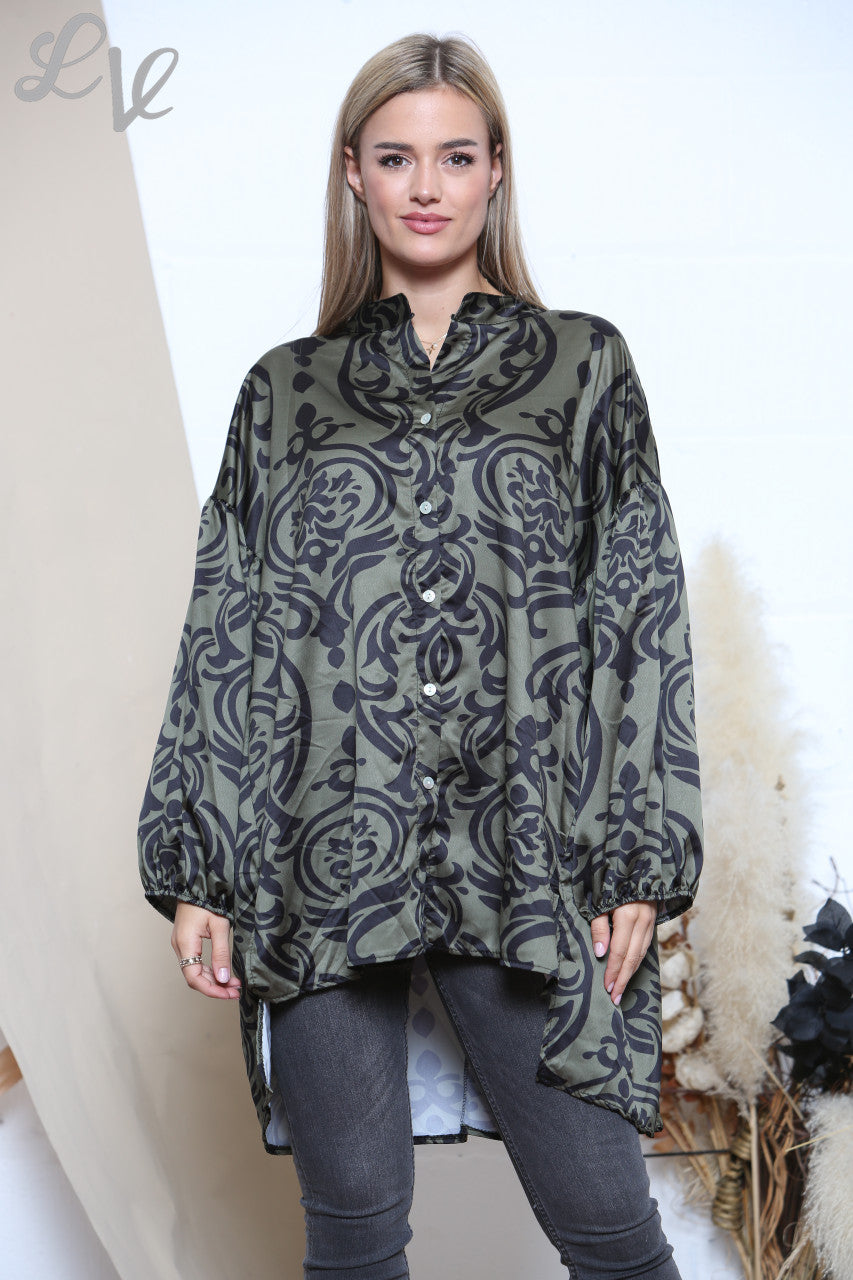 Ladies Damask Print Shirt Khaki