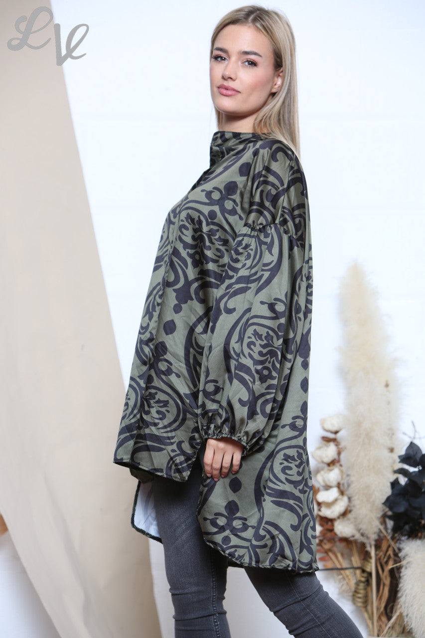 Ladies Damask Print Shirt Khaki