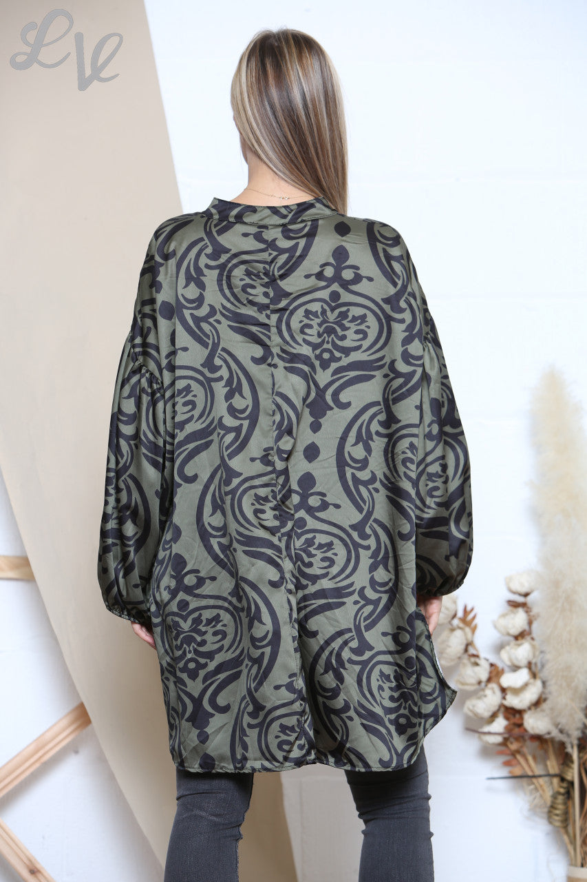 Ladies Damask Print Shirt Khaki