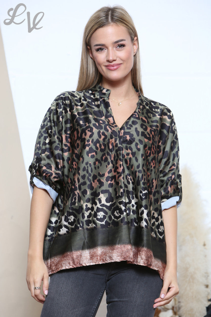 Ladies Leopard Print & Border Blouse Khaki