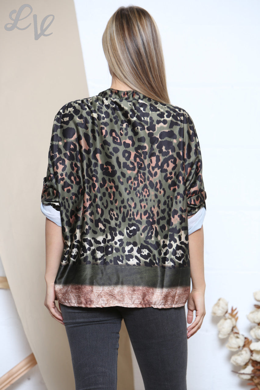 Ladies Leopard Print & Border Blouse Khaki