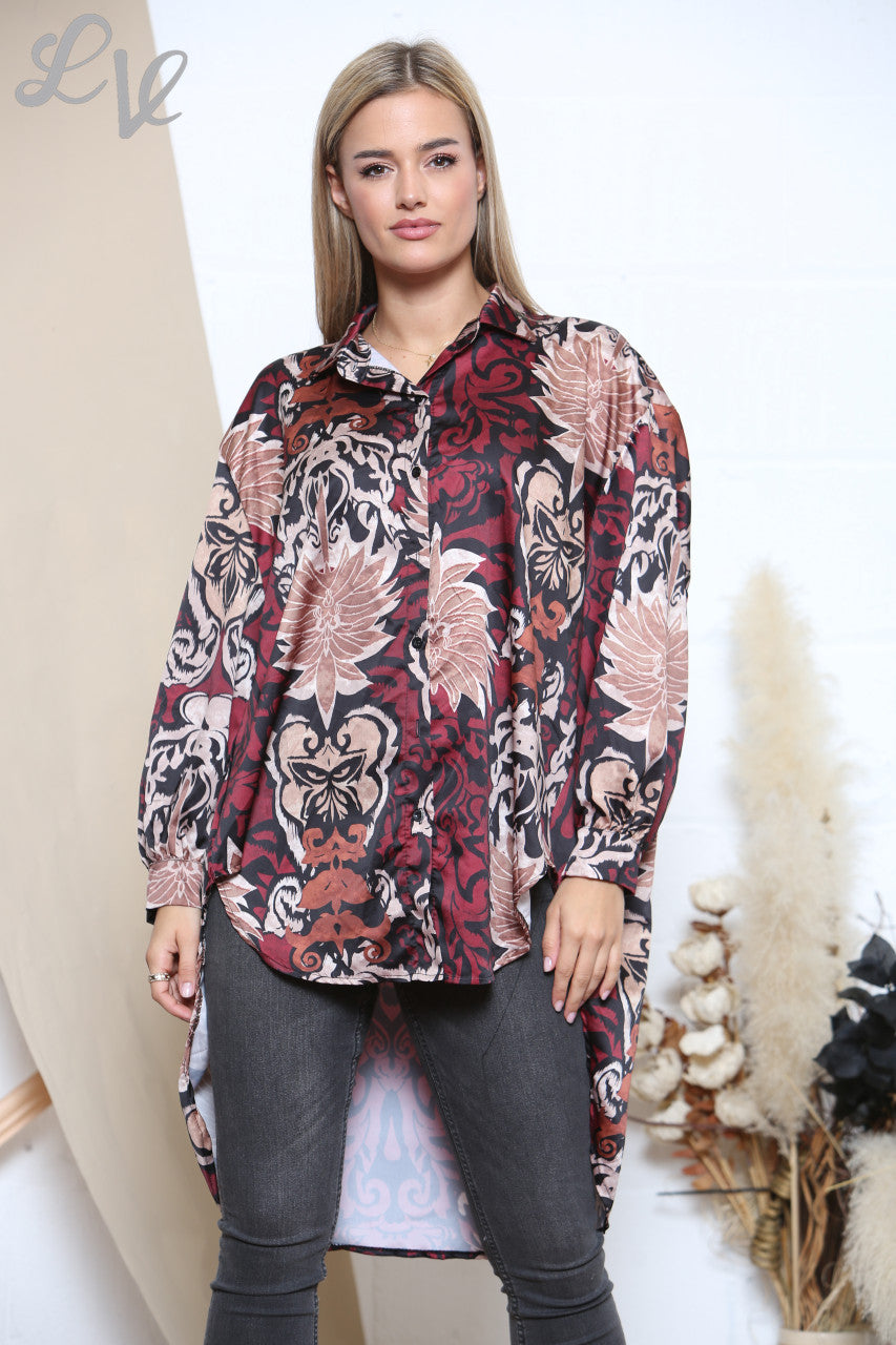 Ladies Damask Paisley Leaf Print Shirt Burgundy