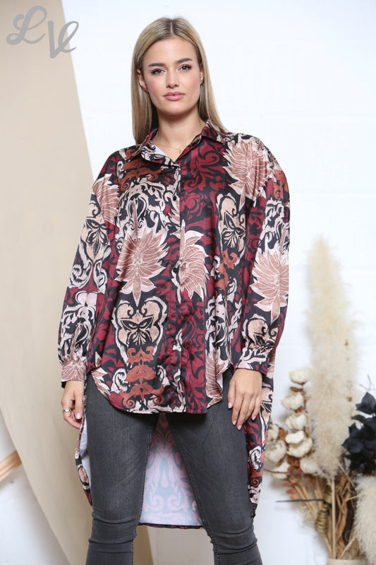 Dames Damast Paisley Bladprint overhemd Bordeaux