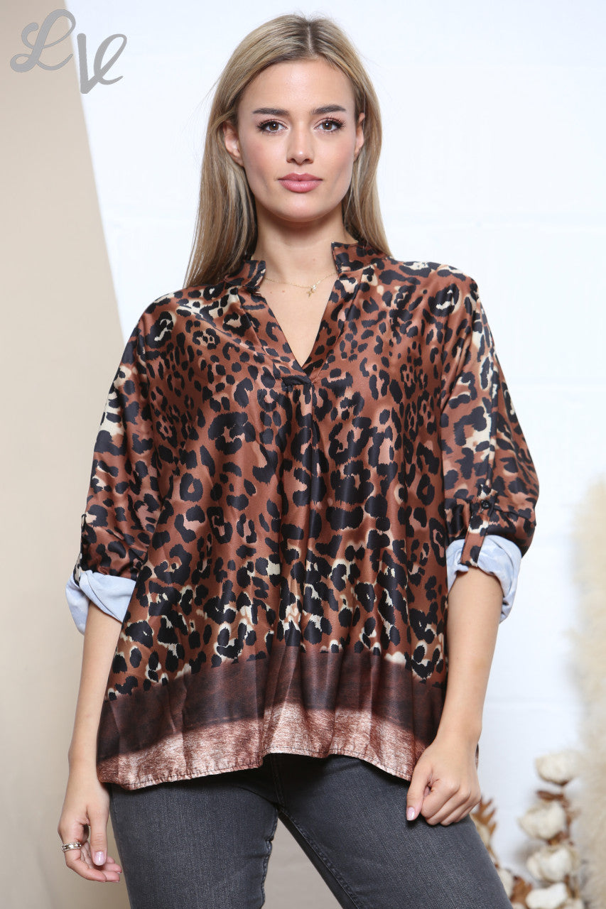 Damesblouse met Luipaardprint & Rand Tan