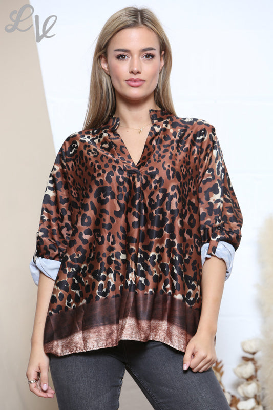 Ladies Leopard Print & Border Blouse Tan