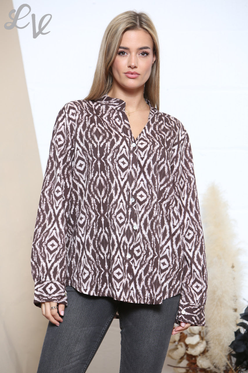 Ladies Diamond Print Shirt Brown