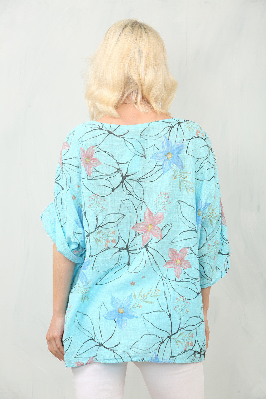 BLOUSON MET BLOEMSJABLOONPRINT - TURQUOISE