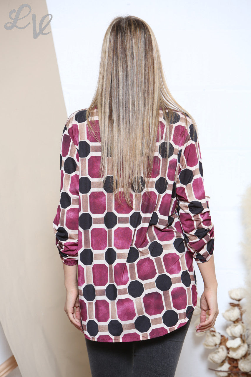 Ladies Geometric Print V Neck Shirt Top Cerise