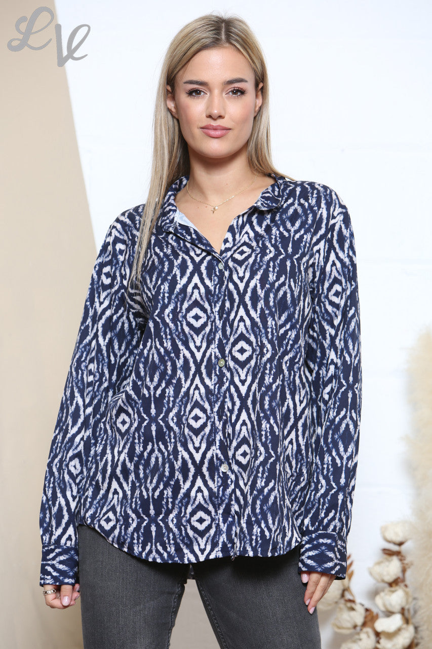 Ladies Diamond Print Shirt Navy