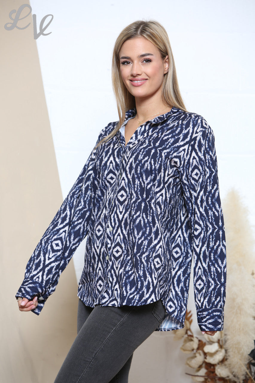 Ladies Diamond Print Shirt Navy