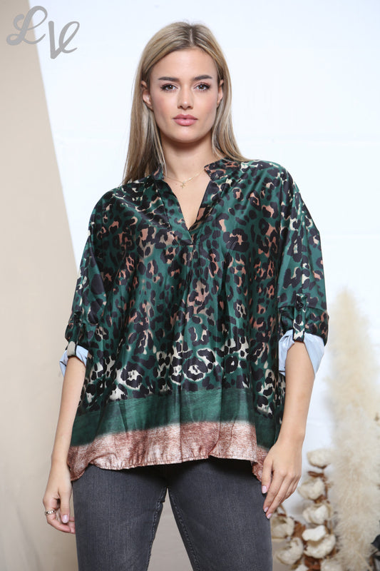 Ladies Leopard Print & Border Blouse Green