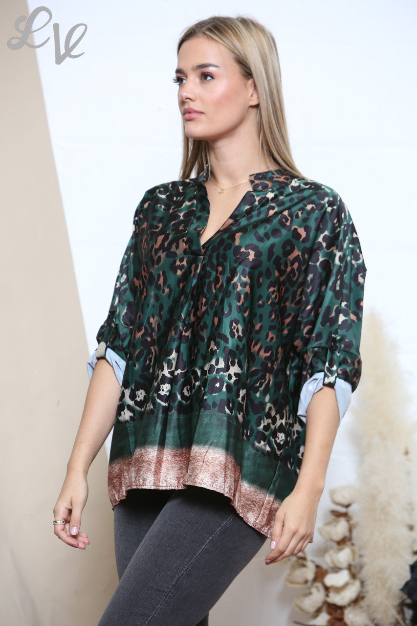 Damesblouse met Luipaardprint & Rand Groen