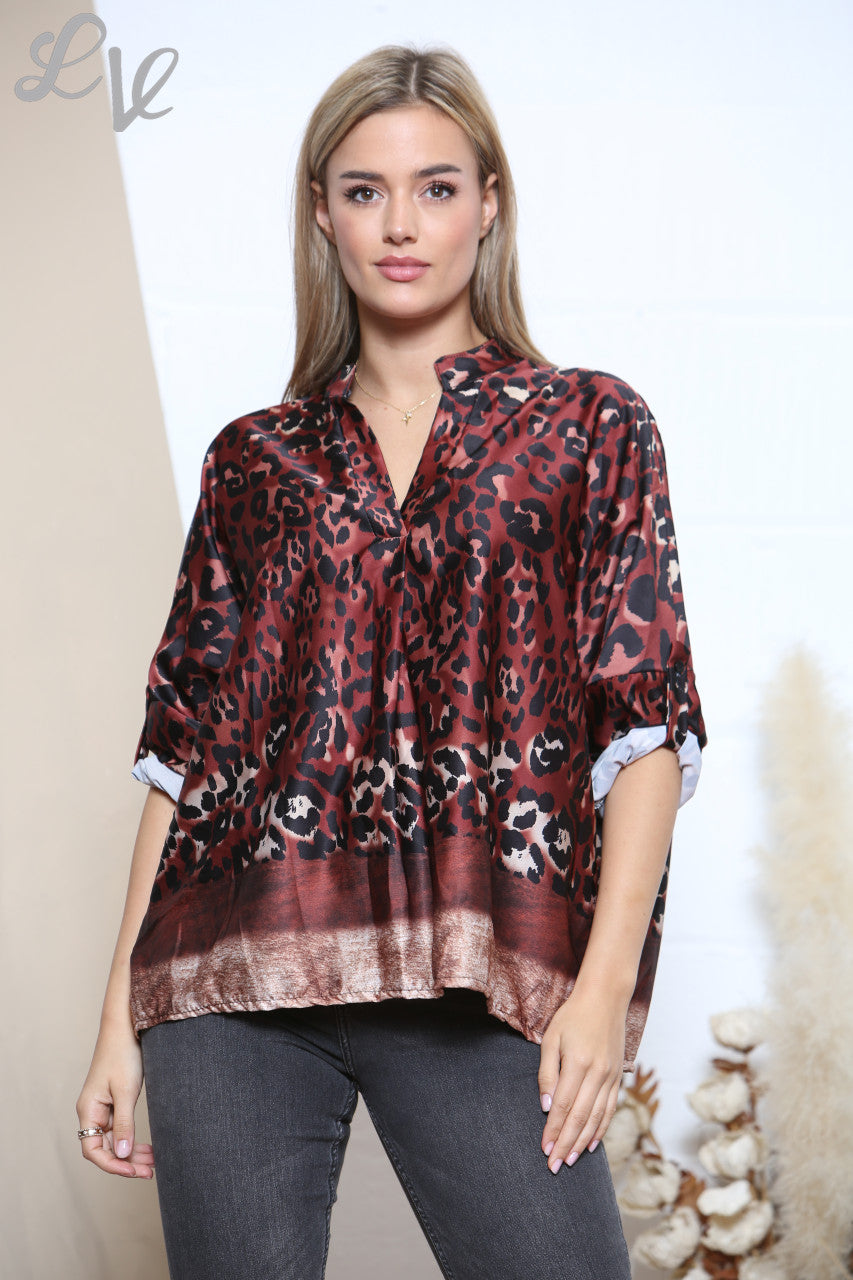 Damesblouse met Luipaardprint en Rand - Roestbruin