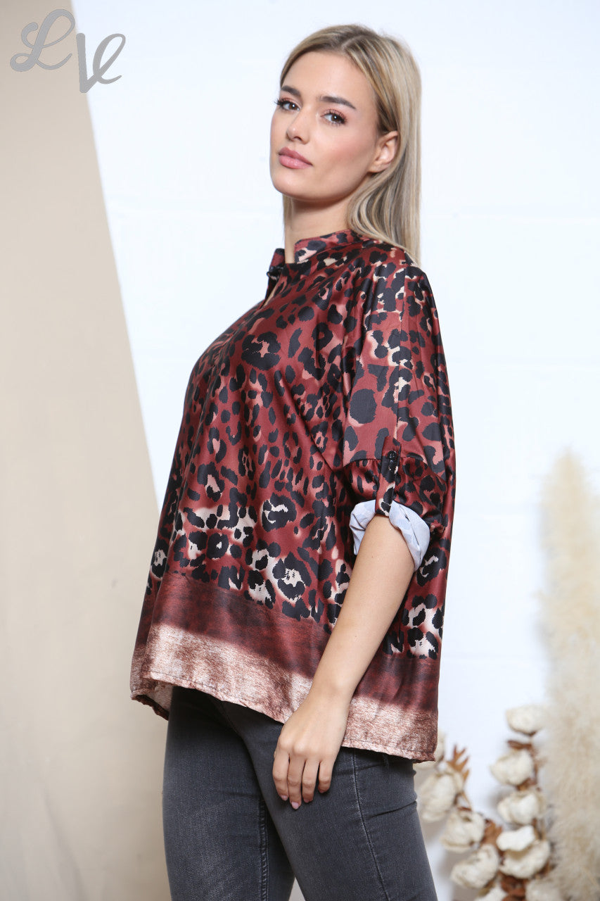 Damesblouse met Luipaardprint en Rand - Roestbruin