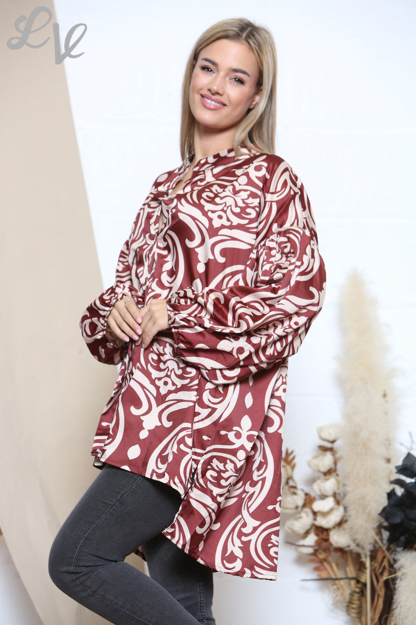 Ladies Damask Print Shirt Burgundy