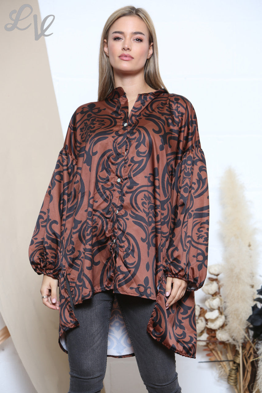Ladies Damask Print Shirt Rust