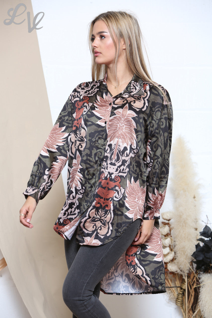 Ladies Damask Paisley Leaf Print Shirt Khaki