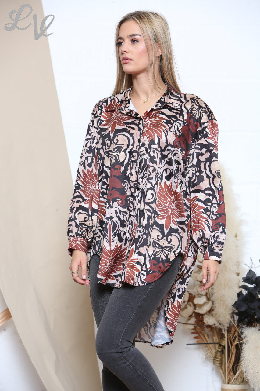 Ladies Damask Paisley Leaf Print Shirt Rust