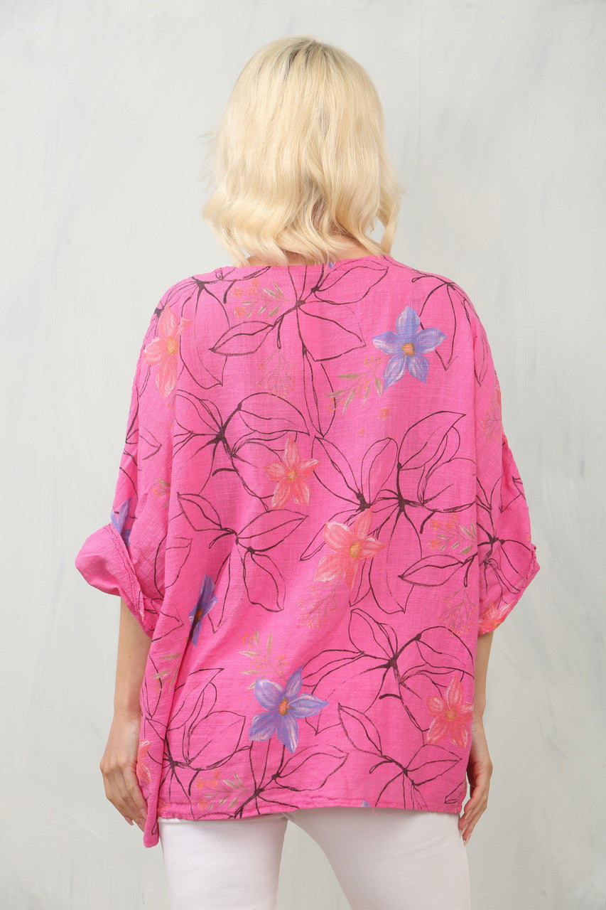 TOP MET BLOEMENSTENCILPRINT - CERISE