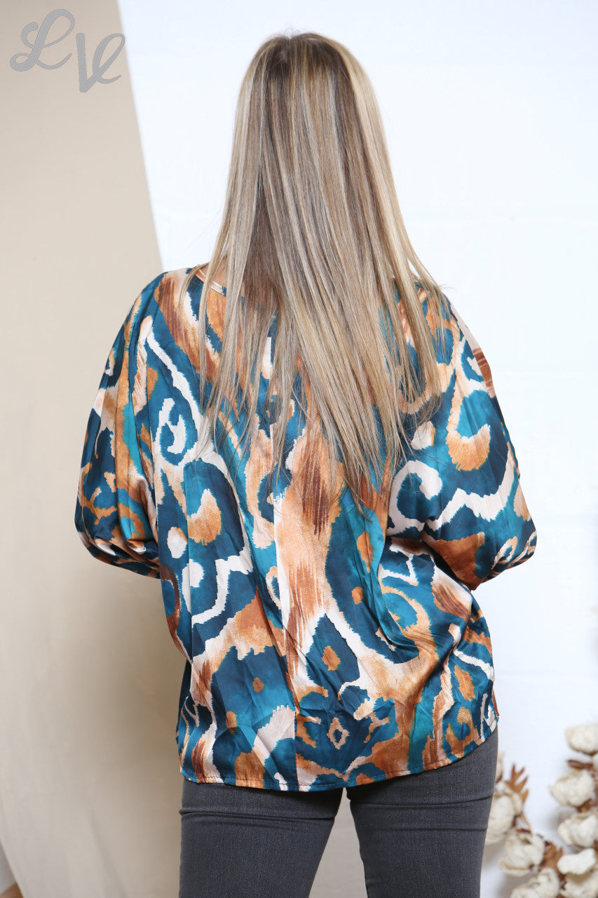 Dames Blouse Abstract Swirl Petrol