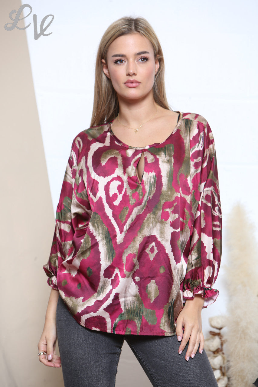 Ladies Swirl Abstract Blouse Burgundy