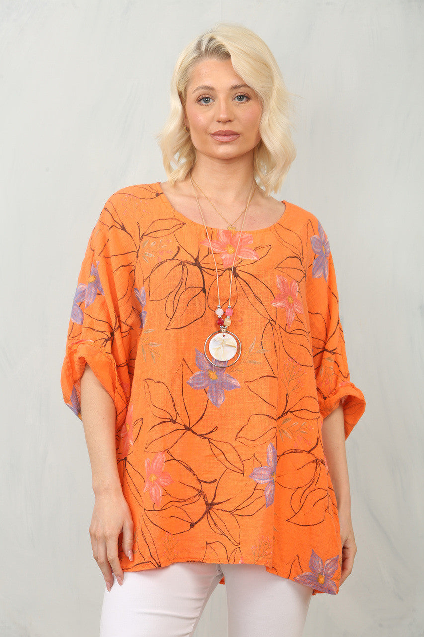 TOP MET BLOEMENSTENCILPRINT - ORANJE