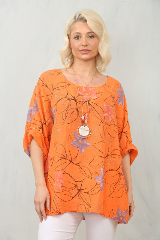 FLORAL STENCIL PRINT TOP - ORANGE