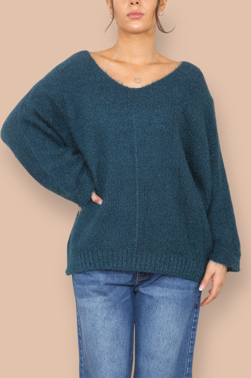 SOFT FLUFFY KNIT V-NECK JUMPER TEAL