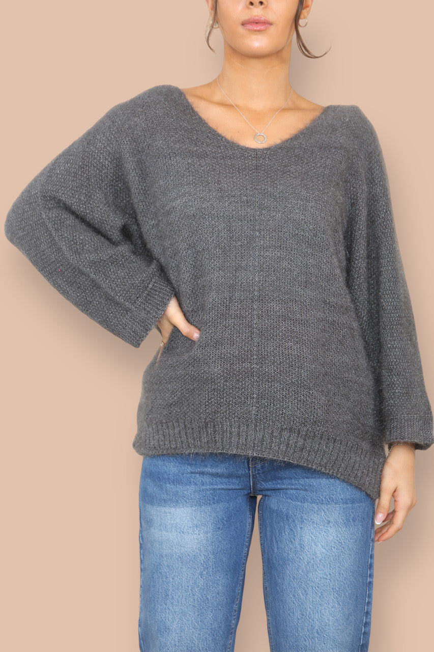 SOFT FLUFFY KNIT V-NECK JUMPER GREY