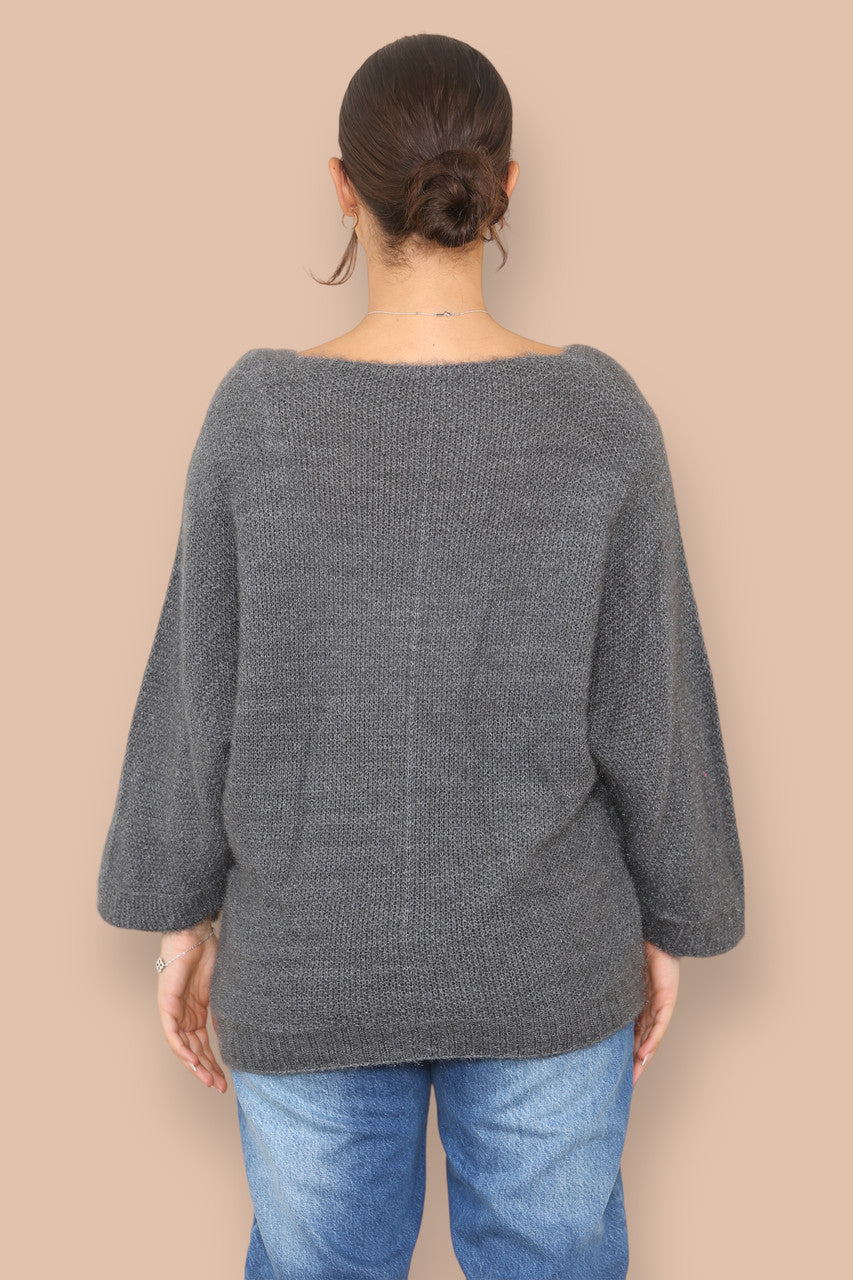 SOFT FLUFFY KNIT V-NECK JUMPER GREY