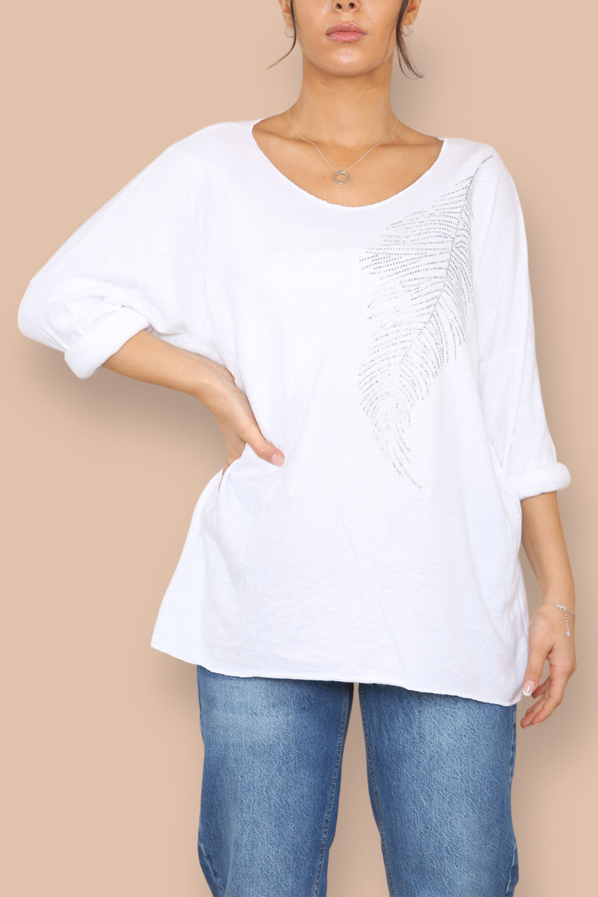 DIAMANTE FEATHER FINE KNIT JUMPER WHITE