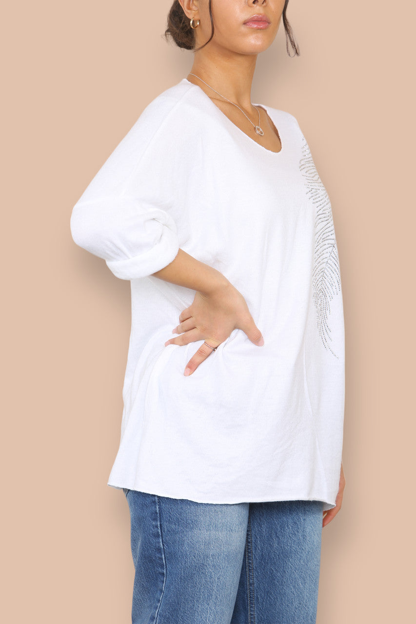 DIAMANTE FEATHER FINE KNIT JUMPER WHITE