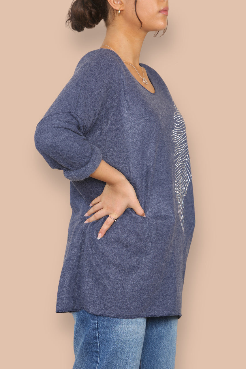DIAMANTE FEATHER FINE KNIT JUMPER NAVY