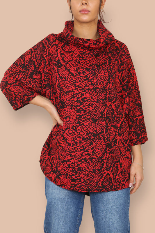 COWL NECK ANIMAL PRINT BATWING JUMPER RED
