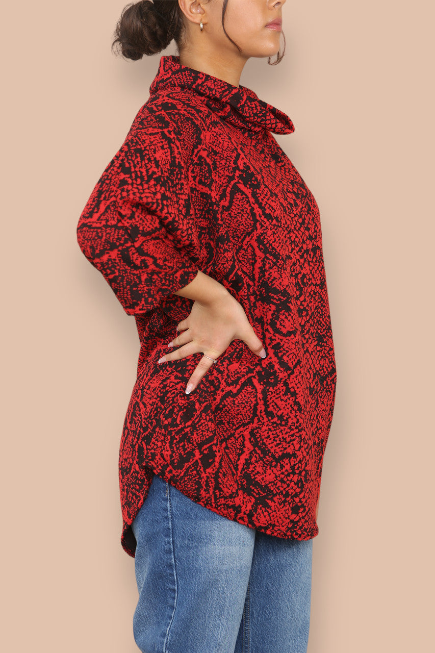 COWL NECK ANIMAL PRINT BATWING JUMPER RED