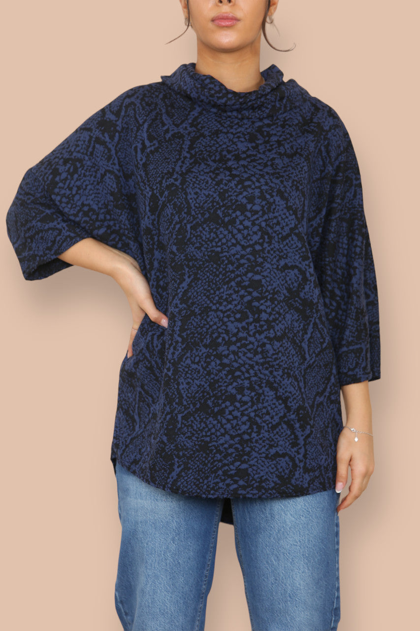 COWL NECK ANIMAL PRINT BATWING JUMPER NAVY