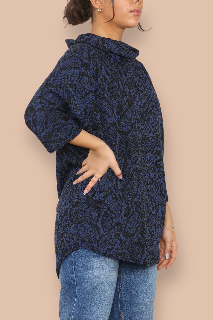 COWL NECK ANIMAL PRINT BATWING JUMPER NAVY