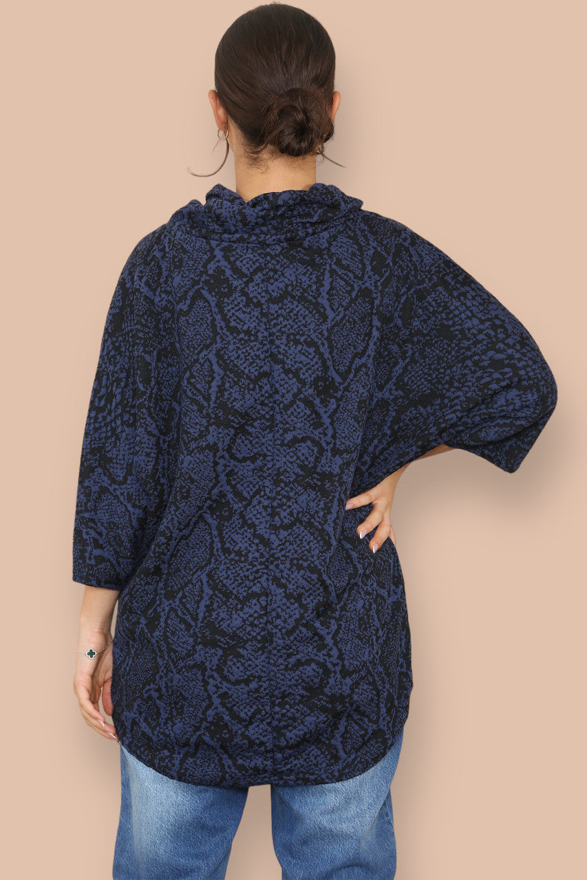 COWL NECK ANIMAL PRINT BATWING JUMPER NAVY