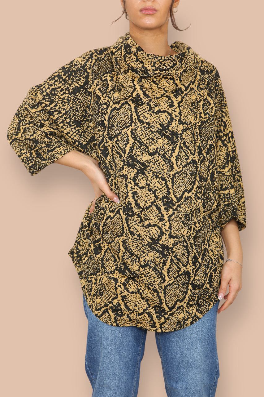 COWL NECK ANIMAL PRINT BATWING JUMPER MUSTARD